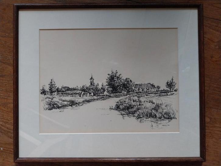 Arie wols rijsoord pentekening ridderkerk, Antiek en Kunst, Kunst | Tekeningen en Foto's, Ophalen of Verzenden