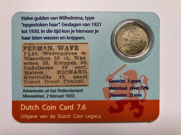 Dutch Coin Card 7.6. halve gulden Wilhelmina., Postzegels en Munten, Munten | Nederland, Losse munt, ½ gulden, Koningin Wilhelmina
