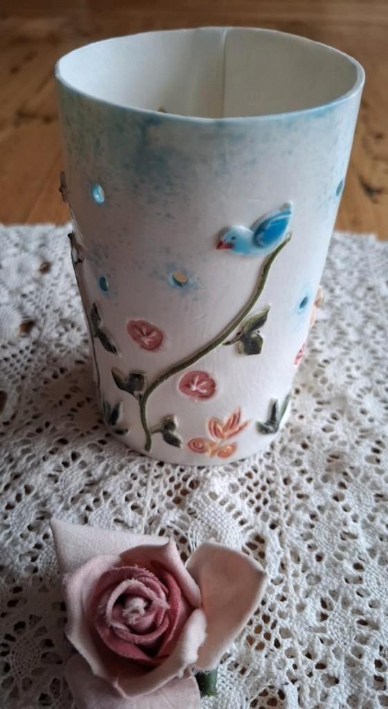 Handgemaakte keramieke theelicht vogeltjes/ bloemetjes, Huis en Inrichting, Woonaccessoires | Kandelaars en Kaarsen, Zo goed als nieuw