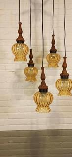 Vintage grote cascade hanglamp met 5 glas en hout lampen, Tweedehands, Tweedehands, Tweedehands, Ophalen of Verzenden