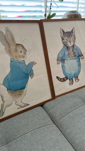 2 vintage Pieter Konijn Beatrix Potter prenten houten lijst beschikbaar voor biedingen