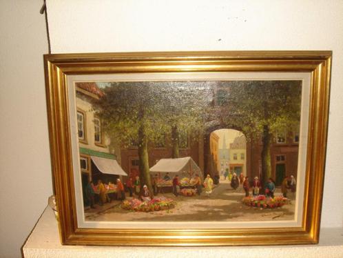 Chris de Bruijn,( 1901- 1974), Village view, flower market., Antiek en Kunst, Kunst | Schilderijen | Klassiek, Ophalen of Verzenden