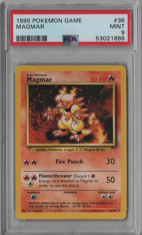 Magmar Psa 9 Base set unlimited, Hobby en Vrije tijd, Verzamelkaartspellen | Pokémon, Ophalen of Verzenden