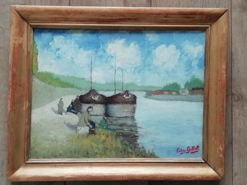 Edgar Dillet - vissende man bij kanaal, Antiek en Kunst, Kunst | Schilderijen | Klassiek, Ophalen