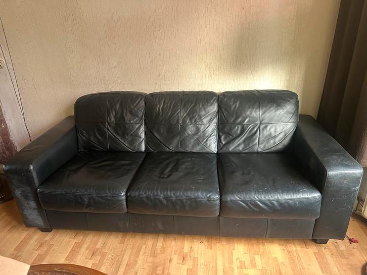Zwarte leren 3-zits bank, gratis, Huis en Inrichting, Banken | Bankstellen, Gebruikt, Rechte bank, Driepersoons, 200 tot 250 cm