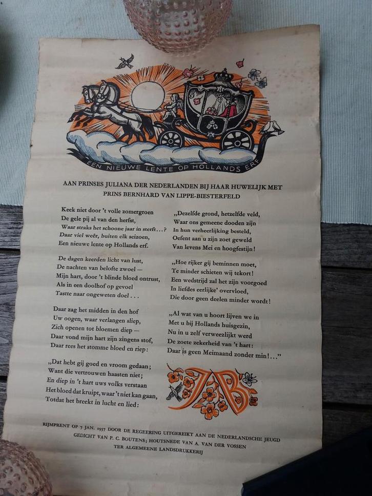 Rijmprent Juliana & Bernhard 1937, Antiek en Kunst, Antiek | Boeken en Bijbels, Ophalen of Verzenden