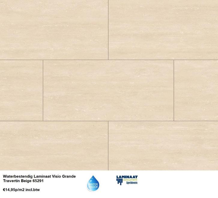 Waterbestendig Tegel Laminaat Travertin Beige €14,95p/m2, Huis en Inrichting, Stoffering | Vloerbedekking, Nieuw, Laminaat, Beige