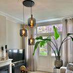Design hanglamp zwart goud smoke glas 3-lichts - Zuzanna, Huis en Inrichting, Lampen | Hanglampen, Ophalen, Zo goed als nieuw