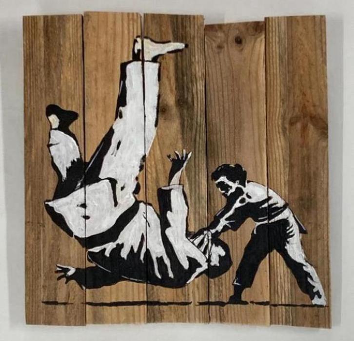 BANKSY (After) : schilderen op hout met certificaat, Antiek en Kunst, Kunst | Designobjecten, Ophalen of Verzenden
