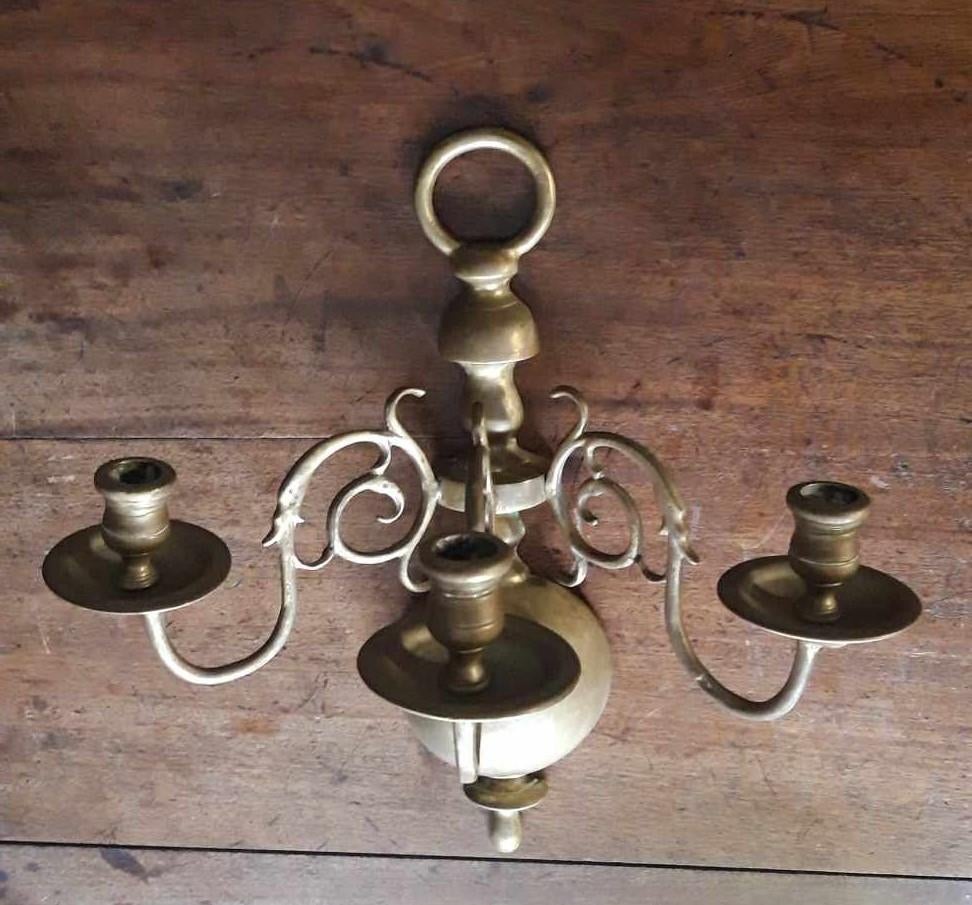 Oudhollandse 3-arms wandkandelaar. Messing., Antiek en Kunst, Antiek | Kandelaars, Koper of Brons, Ophalen of Verzenden