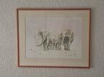 Prachtige aquarel van Afrikaanse olifanten in houten lijst, Antiek en Kunst, Kunst | Schilderijen | Klassiek, Ophalen