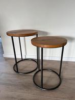2 mooie bijzettafels hout / metaal, Minder dan 55 cm, Rond, Zo goed als nieuw, Ophalen