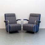 2x Leolux Scylla - Hoge Rug blauw/wit gestreepte stof, Huis en Inrichting, Leer, Ophalen of Verzenden, Zo goed als nieuw