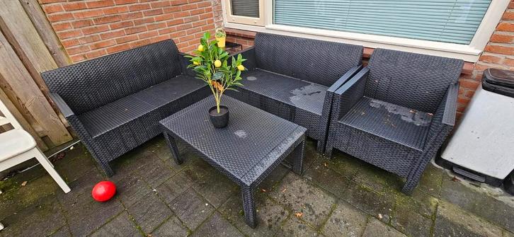 Mooie zwarte wicker loungeset - 4 zitplaatsen, Tuin en Terras, Tuinsets en Loungesets, Zo goed als nieuw, Loungeset, Wicker, 4 zitplaatsen