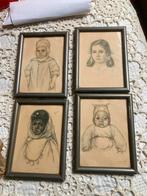 Vier vintage tekeningen van Lily Eversdyk Smulders 17x13 cm., Ophalen of Verzenden