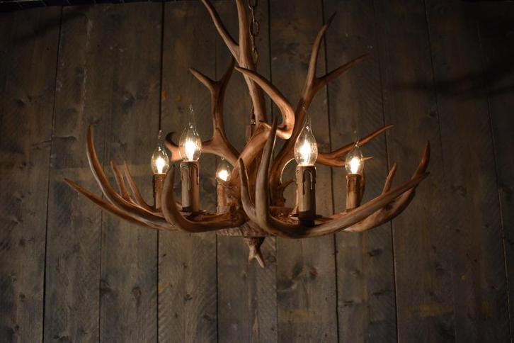 Aanbieding gewei hanglamp met 6 lichtpunten nieuw in doos, Huis en Inrichting, Lampen | Hanglampen, Nieuw, Minder dan 50 cm, Ophalen