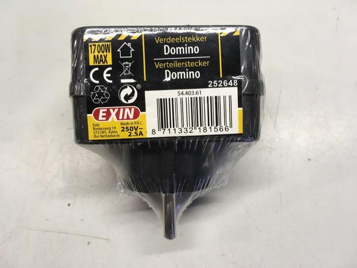 Exin verdeelstekker 3-voudig, Domino, Euro zwart (per stuk), Hobby en Vrije tijd, Elektronica-componenten, Nieuw, Ophalen of Verzenden