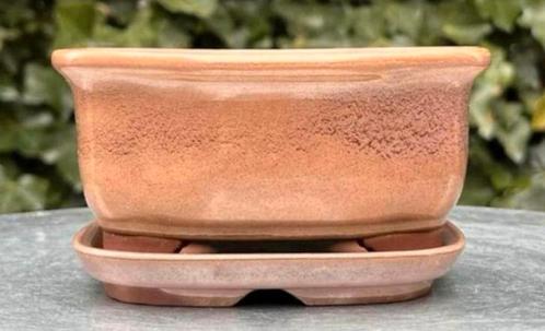 Bonsai schaal + onderzetter bruin tinten Japans 13,9x11,9, Tuin en Terras, Bloempotten, Nieuw, Aardewerk, Minder dan 25 cm, Rechthoekig