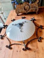 Antieke Brocante plafoniere lamp smeedijzer/glas 75 cm, Ophalen
