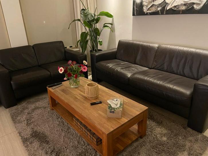 L'Ancora leren bankstel - 2 en 3 zits - chocoladebruin, Huis en Inrichting, Banken | Bankstellen, Zo goed als nieuw, Rechte bank