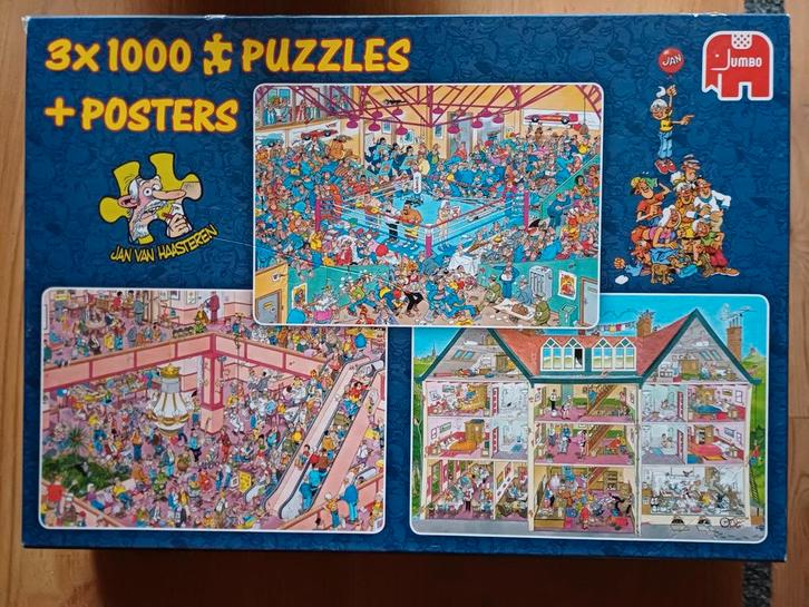 Puzzel Jan van Haasteren combidoos 3x 1000 stukjes., Hobby en Vrije tijd, Denksport en Puzzels, Zo goed als nieuw, 500 t/m 1500 stukjes
