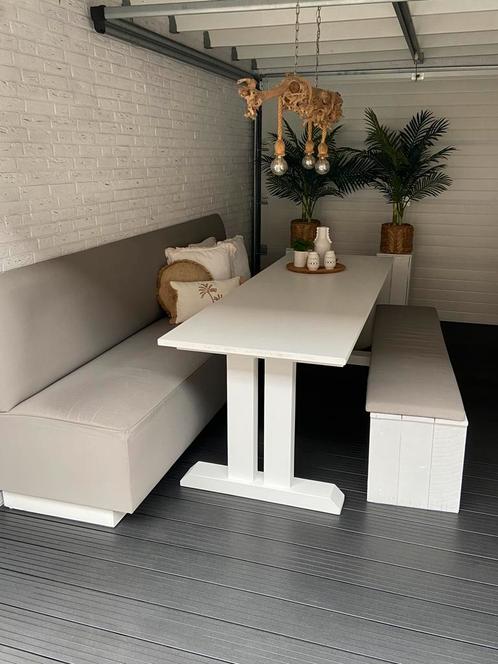 Eetbank eettafel bankje overkapping hout outdoor stof, Huis en Inrichting, Complete eetkamers, Ophalen