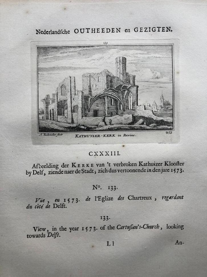133 / Delft Karthuyser Kerk Kopergravure 1732, Antiek en Kunst, Kunst | Etsen en Gravures, Ophalen of Verzenden