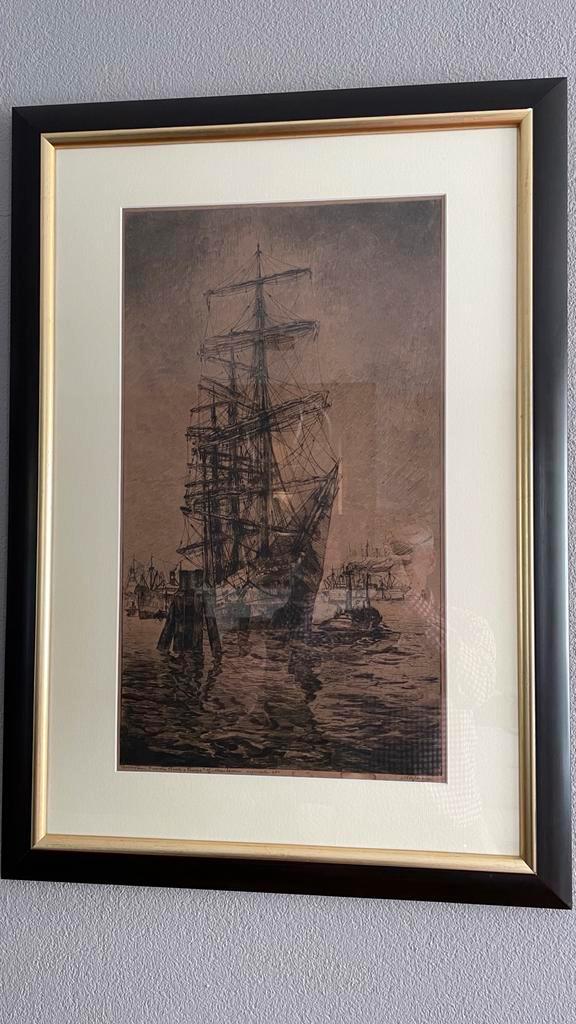 Marius de Jongere Ets Zeilschip Ingelijst, Antiek en Kunst, Kunst | Etsen en Gravures, Ophalen