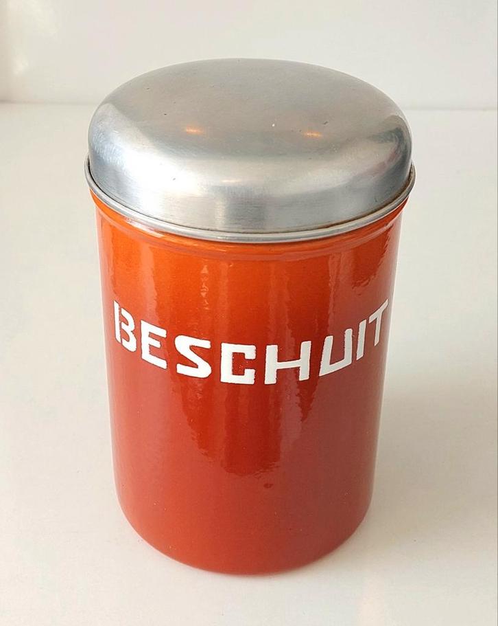 Oud Emaille Beschuitbus Terracotta Keukenemaille Terra Cotta, Antiek en Kunst, Curiosa en Brocante, Verzenden