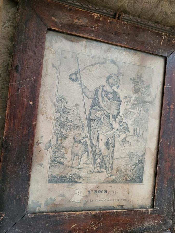 18e eeuwse Antieke Prent St. Rochus in Lijst, Antiek en Kunst, Kunst | Etsen en Gravures, Ophalen of Verzenden