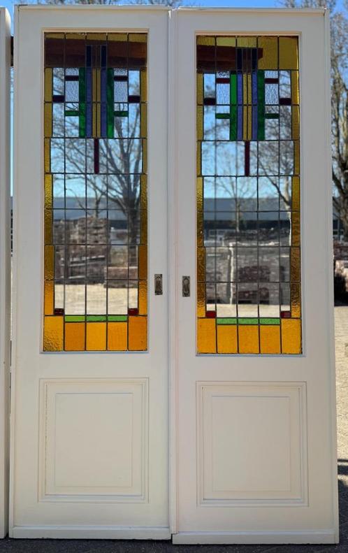 1 set schuif / en-suite deuren met glas in lood 238x143cm., Antiek en Kunst, Curiosa en Brocante, Ophalen