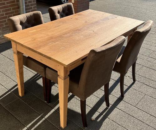 eethoek met grenen tafel (153 x 90) en 6 stoelen bruine stof, Huis en Inrichting, Complete eetkamers, Gebruikt, 4 tot 6 stoelen