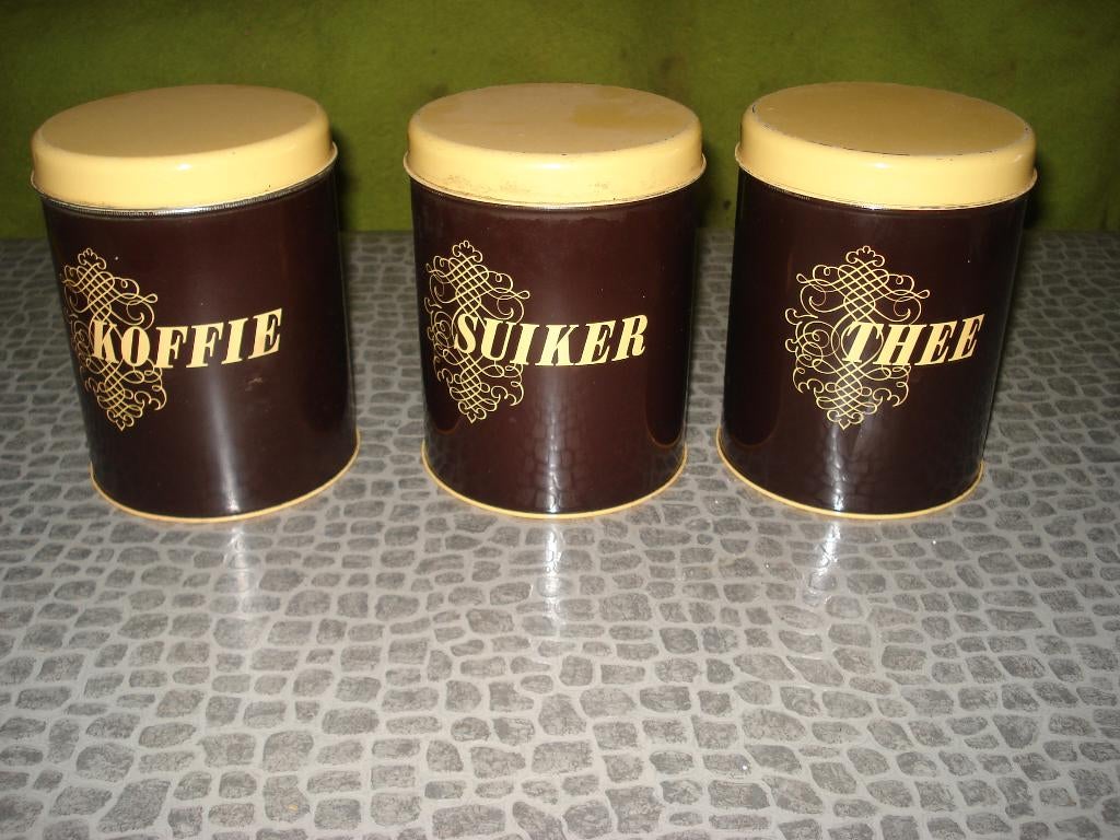 blikken  koffie thee suiker   complete set  10,00, Ophalen of Verzenden, Zo goed als nieuw, Koffie