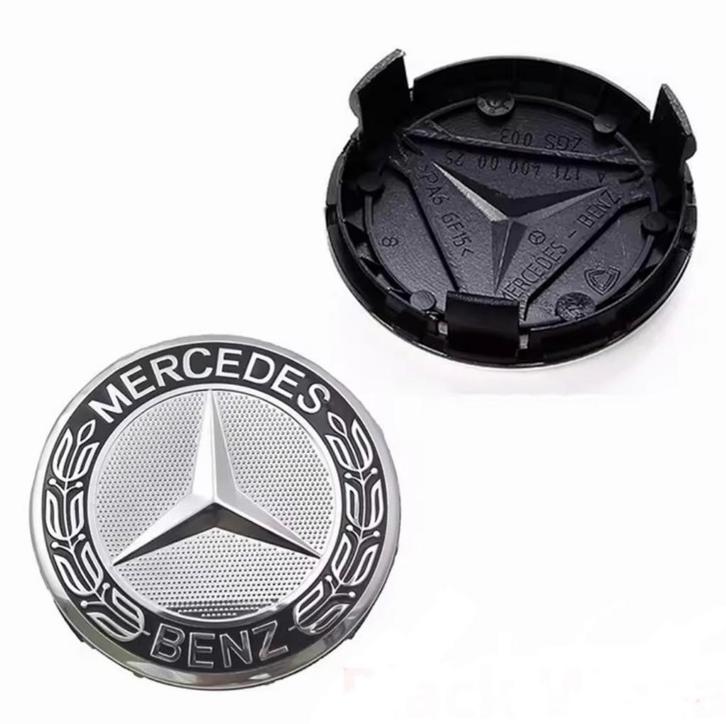 Set naafdoppen 75 mm Mercedes (4 stuks) nieuw zwart/zilver, Auto diversen, Wieldoppen, Nieuw, Verzenden
