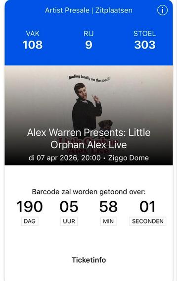 Alex warren little orphan 07-04-26 zitplaatsen beschikbaar voor biedingen