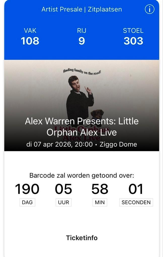 Alex warren little orphan 07-04-26 zitplaatsen, Tickets en Kaartjes, Overige Tickets en Kaartjes, Twee personen