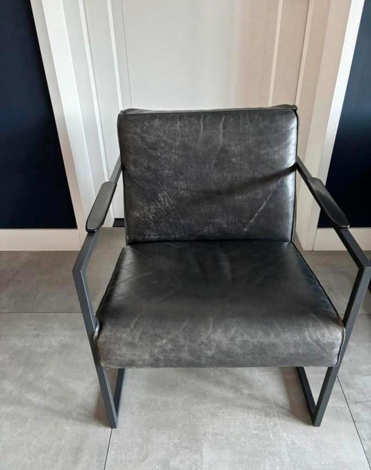 Leren grijs/blauwe fauteuil- Fred de la Bretoniere, Huis en Inrichting, Stoelen, Zo goed als nieuw, Eén, Leer, Grijs, Ophalen