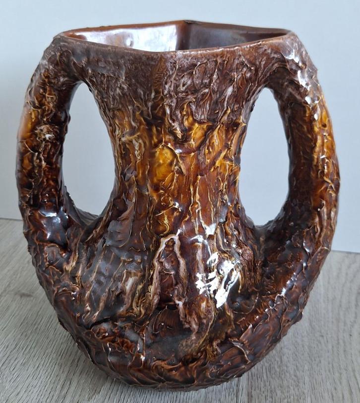 Oorvaas Vallauris 21 cm 2 oren bruin/geel, Antiek en Kunst, Antiek | Vazen, Ophalen of Verzenden