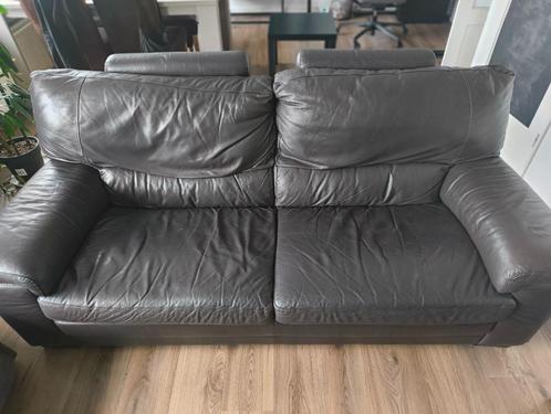 Bruin leren bank driezitter, Huis en Inrichting, Banken | Bankstellen, Gebruikt, Rechte bank, Driepersoons, 150 tot 200 cm, 75 tot 100 cm