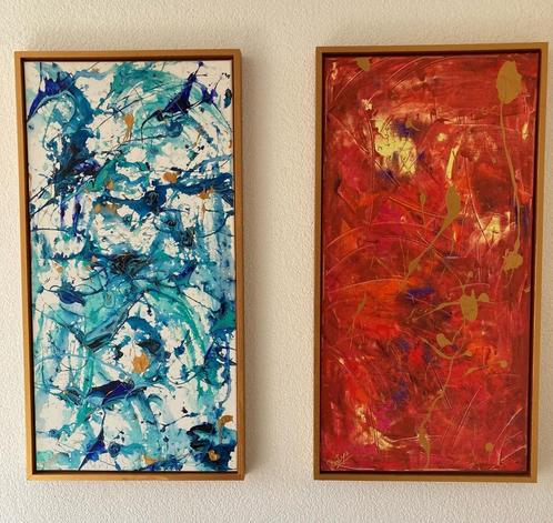 schilderijen 'love in action' & 'go with the flow', Antiek en Kunst, Kunst | Schilderijen | Abstract, Ophalen