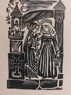 Frans Mandos Houtsnede - Twee Vrouwen bij Toren, Ophalen of Verzenden