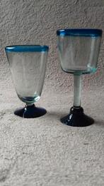 2 hand geblazen Mexicaanse glazen - rand & voet cobalt blauw, Ophalen of Verzenden, Zo goed als nieuw, Overige typen