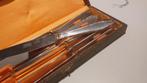 mooie brocante cassette met 6 dinermessen van Sola,, Antiek en Kunst, Antiek | Bestek, Ophalen of Verzenden