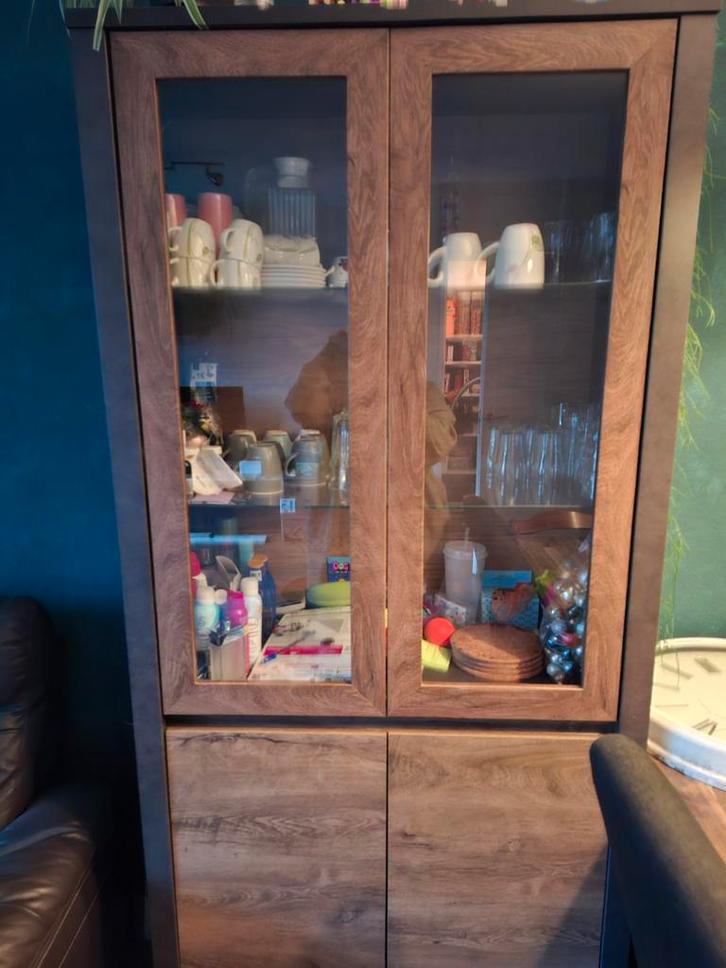 Meubella Monaco vitrinekast - eiken/grijs - 90x43x197 cm, Huis en Inrichting, Kasten | Vitrinekasten, Gebruikt, 150 tot 200 cm