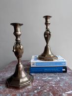 2 vintage messing kandelaars met strik uit India, Huis en Inrichting, Woonaccessoires | Kandelaars en Kaarsen, Gebruikt, Overige kleuren
