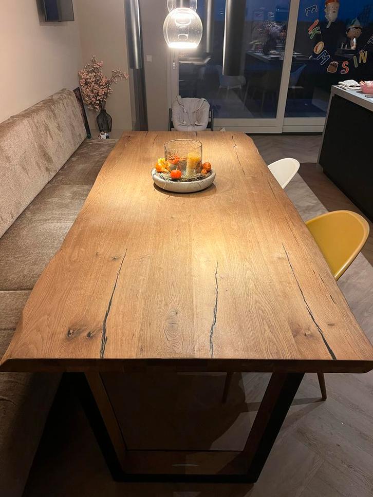 Massief houten eettafel met stalen poten (250x104cm), Huis en Inrichting, Tafels | Eettafels, Zo goed als nieuw, 100 tot 150 cm