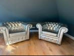 Zilveren Chesterfield Fauteuils (2), Huis en Inrichting, Fauteuils, Ophalen, Gebruikt, Leer, 75 tot 100 cm