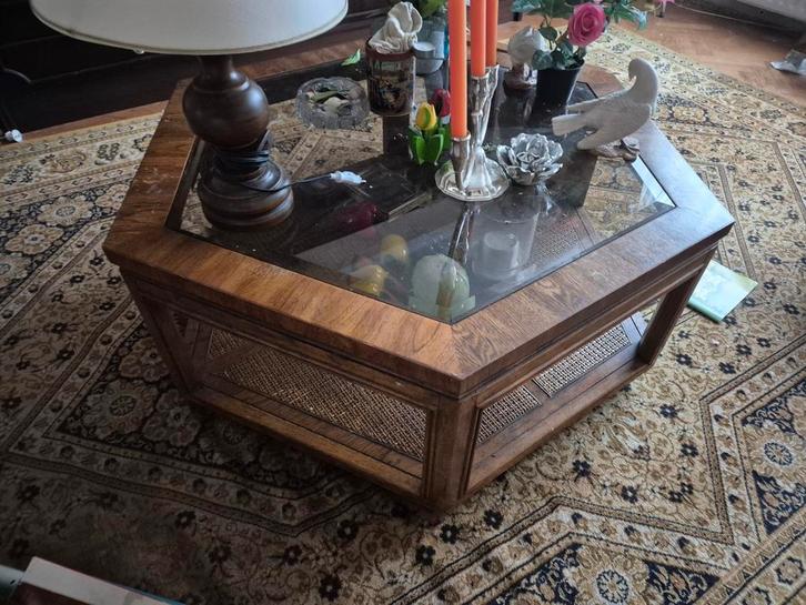 Zeshoekige salontafel geslepen glas uiterlijk 16/11 ophalen, Huis en Inrichting, Tafels | Salontafels, Gebruikt, Minder dan 50 cm