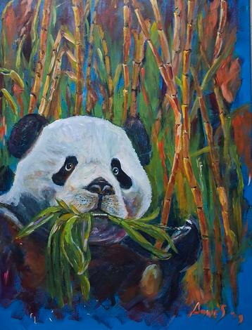 Panda met Bamboe - Origineel Acrylverfschilderij beschikbaar voor biedingen