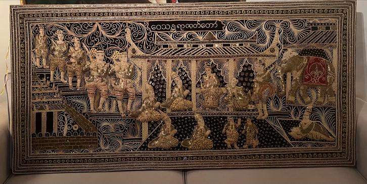 Birmaans Kalaga wand tapijt - Prachtig geborduurd, Antiek en Kunst, Kunst | Niet-Westerse kunst, Ophalen of Verzenden